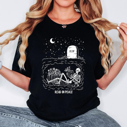Read In Peace Halloween Shirt, Skeleton Reading Halloween Shirt, Halloween Librarian, Halloween T-Shirt, Teacher Gift,...