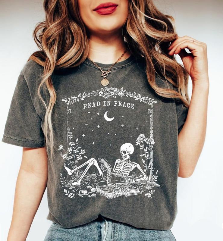 Read in Peace Shirt, Skeleton Reading Shirt, Skeleton Book Shirt, Bookish Halloween Shirt, Summerween Tee, Retro...