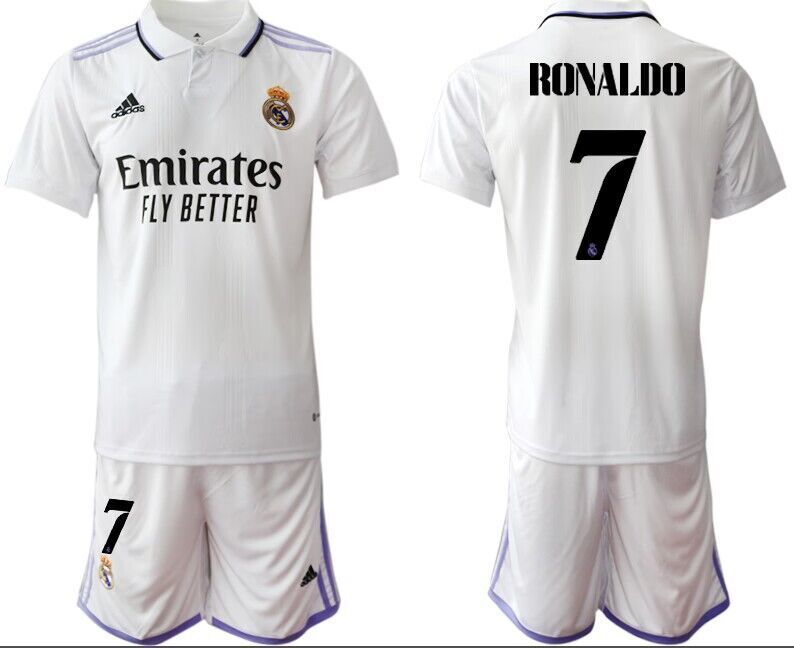 Real Madrid Blank White #7 Ronaldo Home Soccer Jersey Suit