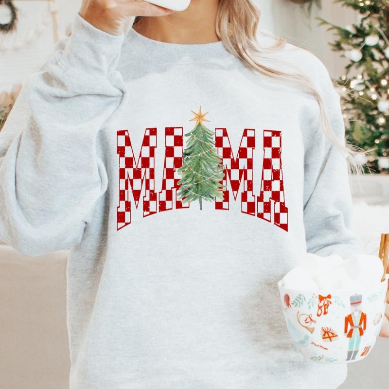 Red Checkered Mama Christmas Tree sweatshirt Winter Graphic Long Sleeve Casual Cotton Polyester Oversized sweatshirt -...