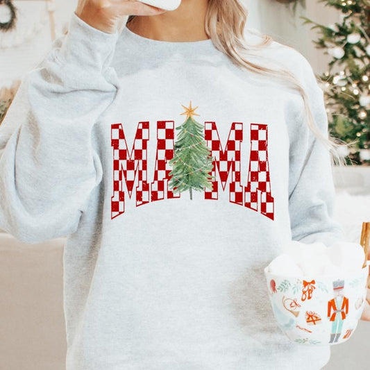 Red Checkered Mama Christmas Tree sweatshirt Winter Graphic Long Sleeve Casual Cotton Polyester Oversized sweatshirt -...