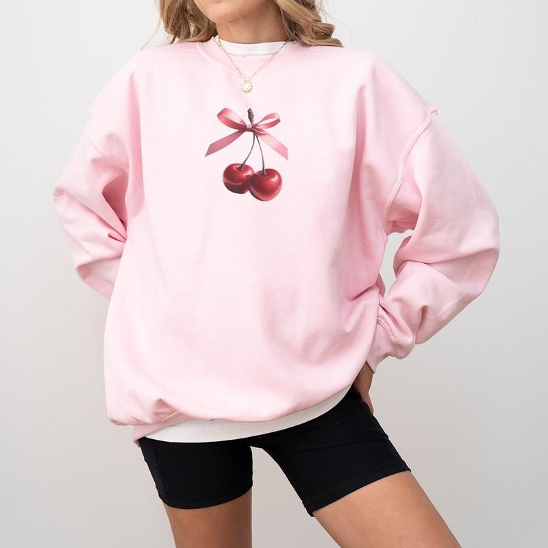 Red Cherries with Pink Bow Coquette Sweatshirt, Cherry Coquette Hoodie, Cute T-Shirt, Coquette Aesthetic Clothing