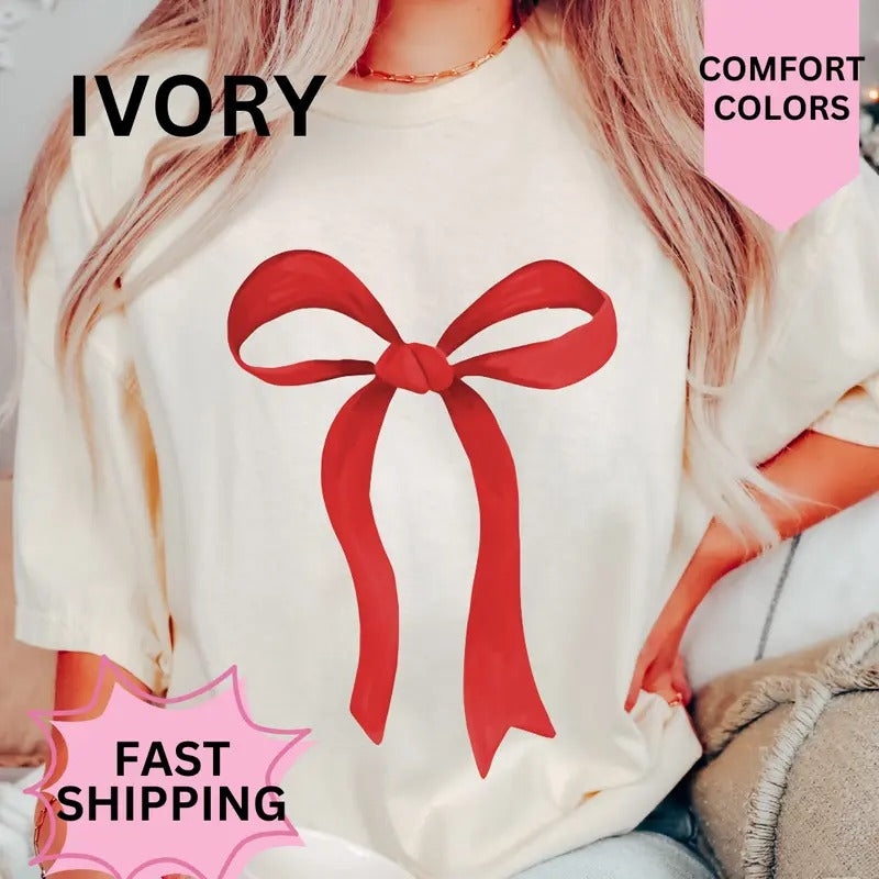 Red Christmas Bow Shirt, Comfort Colors, Christmas Coquette Shirt, Women's Holiday Tee, Casual Comfy Graphic Hoodie,...