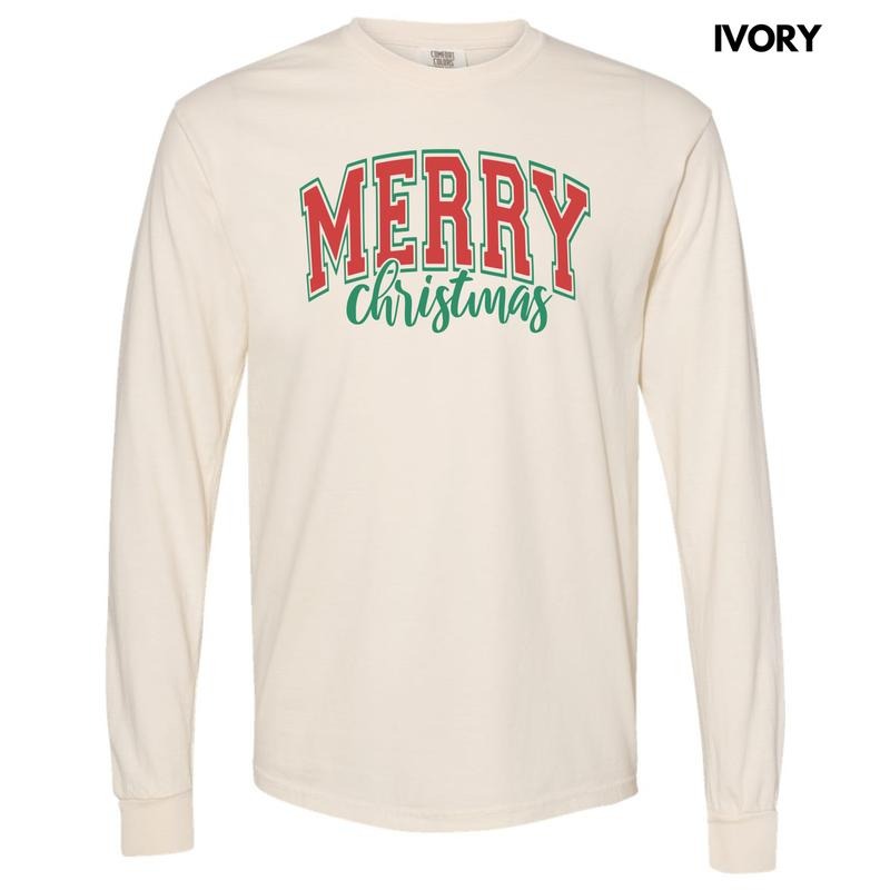 Red Cursive Varsity Merry Christmas Long Sleeve Comfort Colors T-Shirt 'NLB' Hoodie, Sweatshirt | WearSparks.com