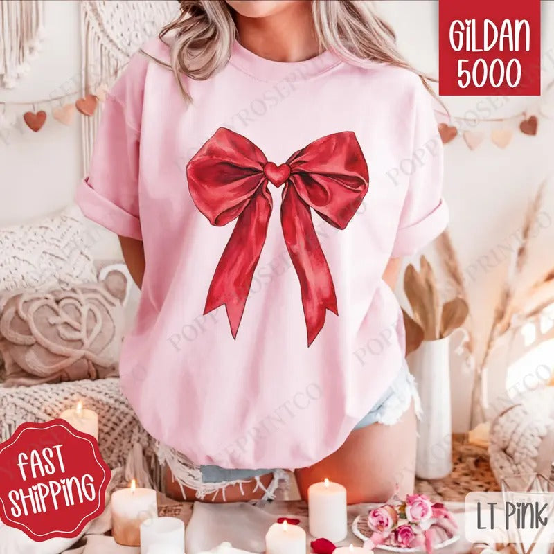 Red Heart Bow Shirt Gildan, Valentine's Day Women's Tee, Cute Women's Tshirt Plus Sizes Hoodie, Sweatshirt | WearSparks.com