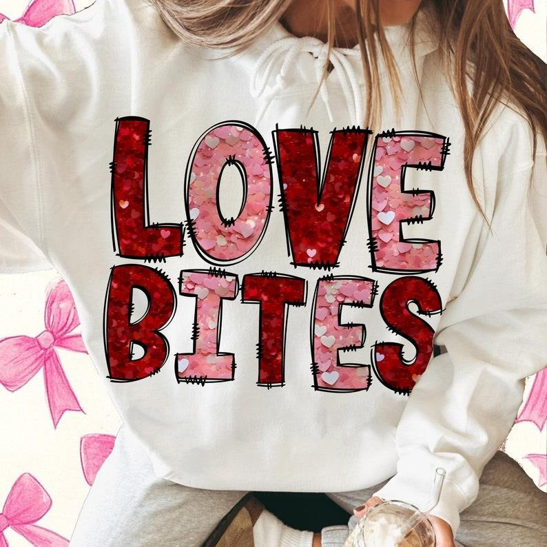 Red Love Bites Sweatshirt, Sparkly Faux Sequins Valentines Day Sweatshirt, Cupid Vibes, Cute Valentines Day , Trendy...