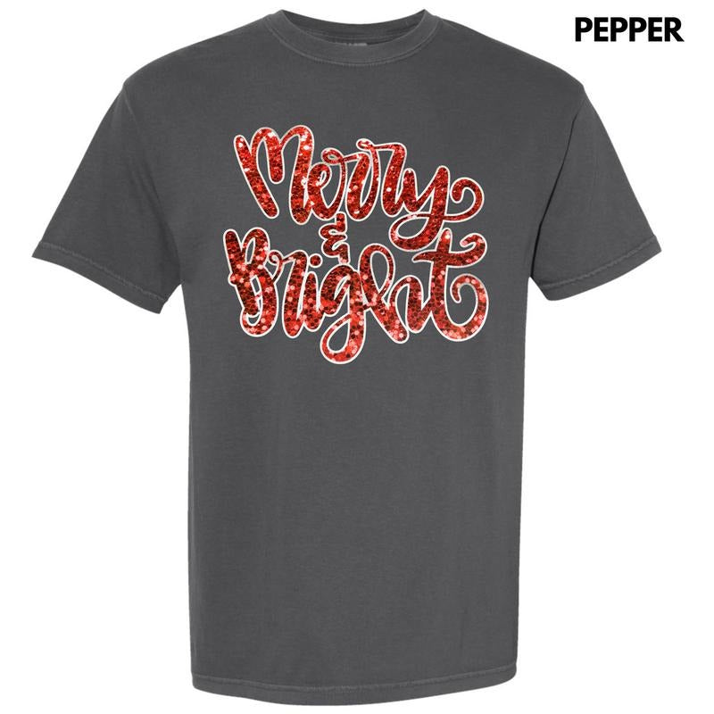 Red Merry & Bright Faux Sequin Comfort Colors T-Shirt Hoodie, Sweatshirt | WearSparks.com