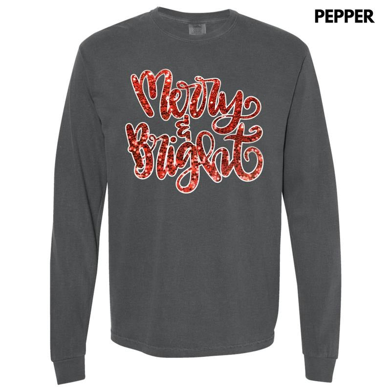 Red Merry & Bright Faux Sequin Long Sleeve Comfort Colors T-Shirt Hoodie, Sweatshirt | WearSparks.com