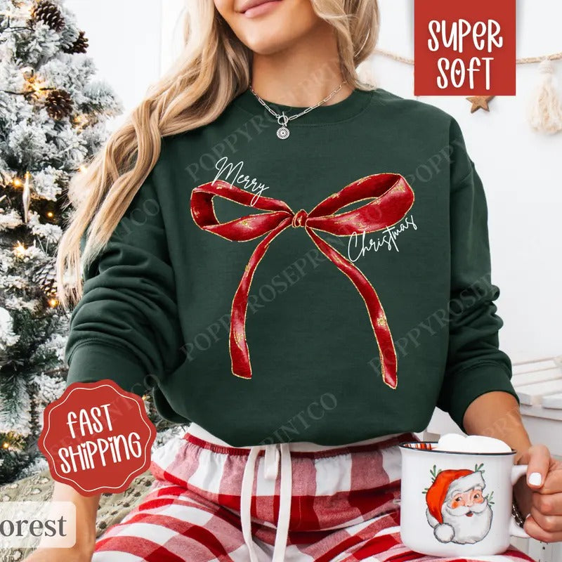 Red Merry Christmas Bow Sweatshirt, Coquette Merry Christmas Bow Crewneck,  Women's Holiday Sweater T-Shirts, Hoodie