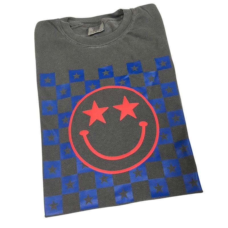 Red Puff Blue Star Happy Face Comfort Colors T-Shirt Hoodie, Sweatshirt | WearSparks.com
