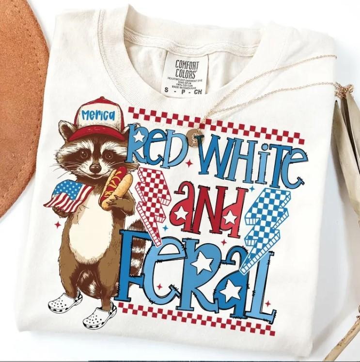 Red White And Feral Tee, Funny Raccoon Shirt Hoodie, Sweatshirt | WearSparks.com