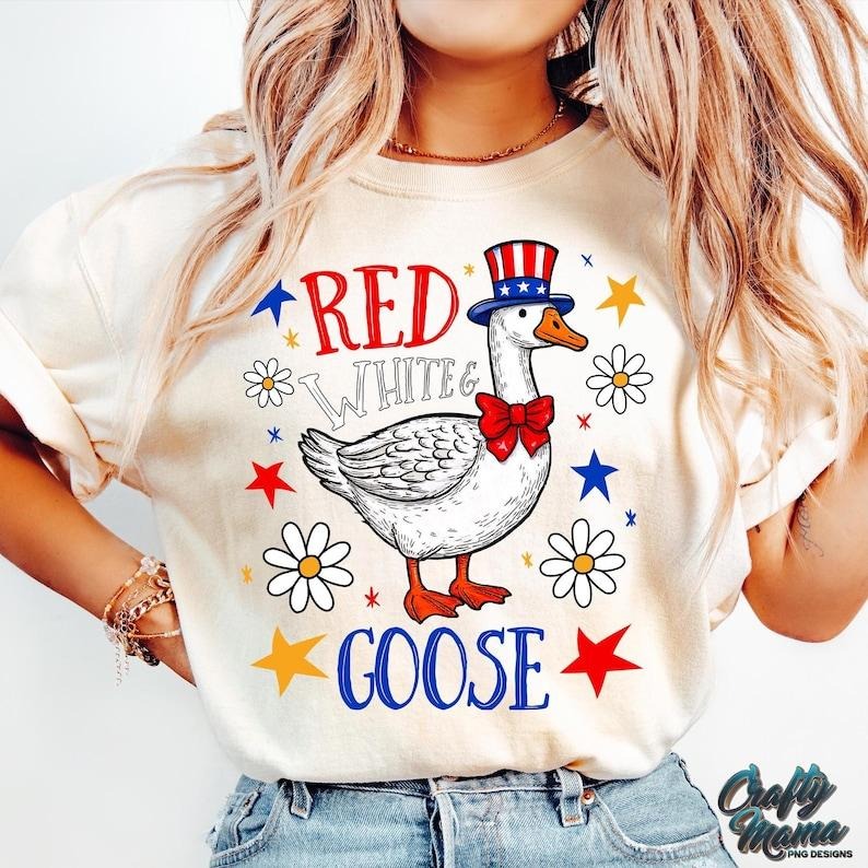 Red White And Goose Funny 4th of July Boho Patriotic Floral Fourth of July Retro America Cute American Goose Shirt...