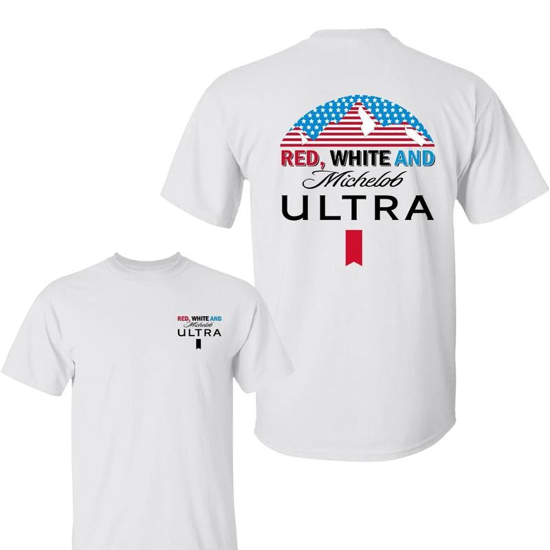 Red White And Michellob Ultra 2 Sided Tshirt, USA Flag 4th of July Independence Day Unisex Cotton T-shirt for Men for...