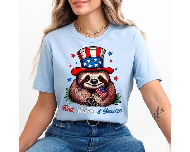 Red White And Snooze Sloth Funny 4th of July Shirt, Fourth of July Patriotic Sloth Tee, Cute American Sloth Memorial Day...