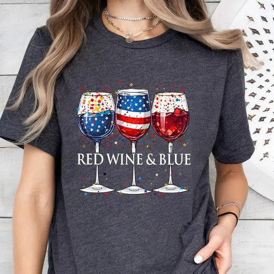 Red Wine and Blue Shirt, 4th of July Gift, Patriotic Shirt for Women and Men, USA Flag Shirt, Independence Day T-shirt,...
