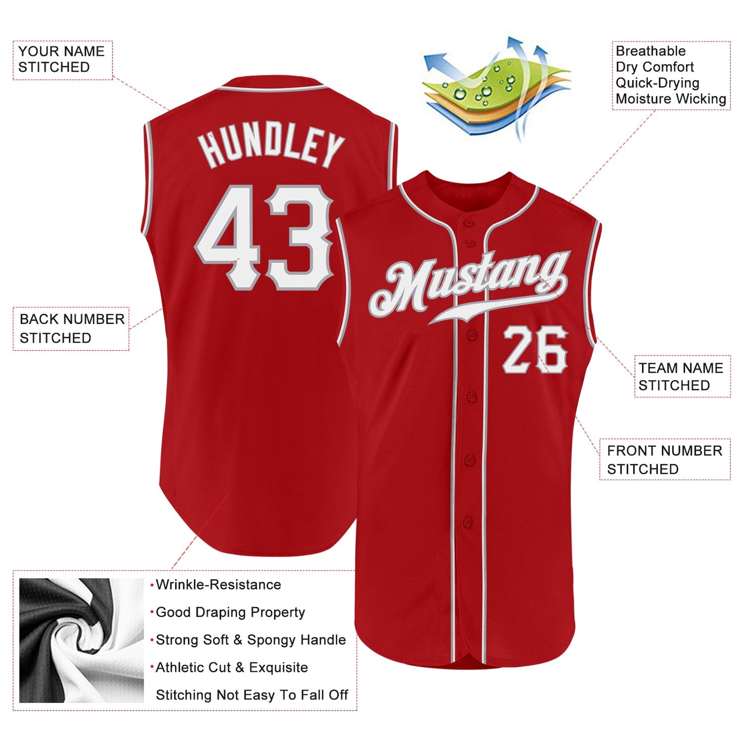 Custom Red White-Gray Authentic Sleeveless Baseball Jersey