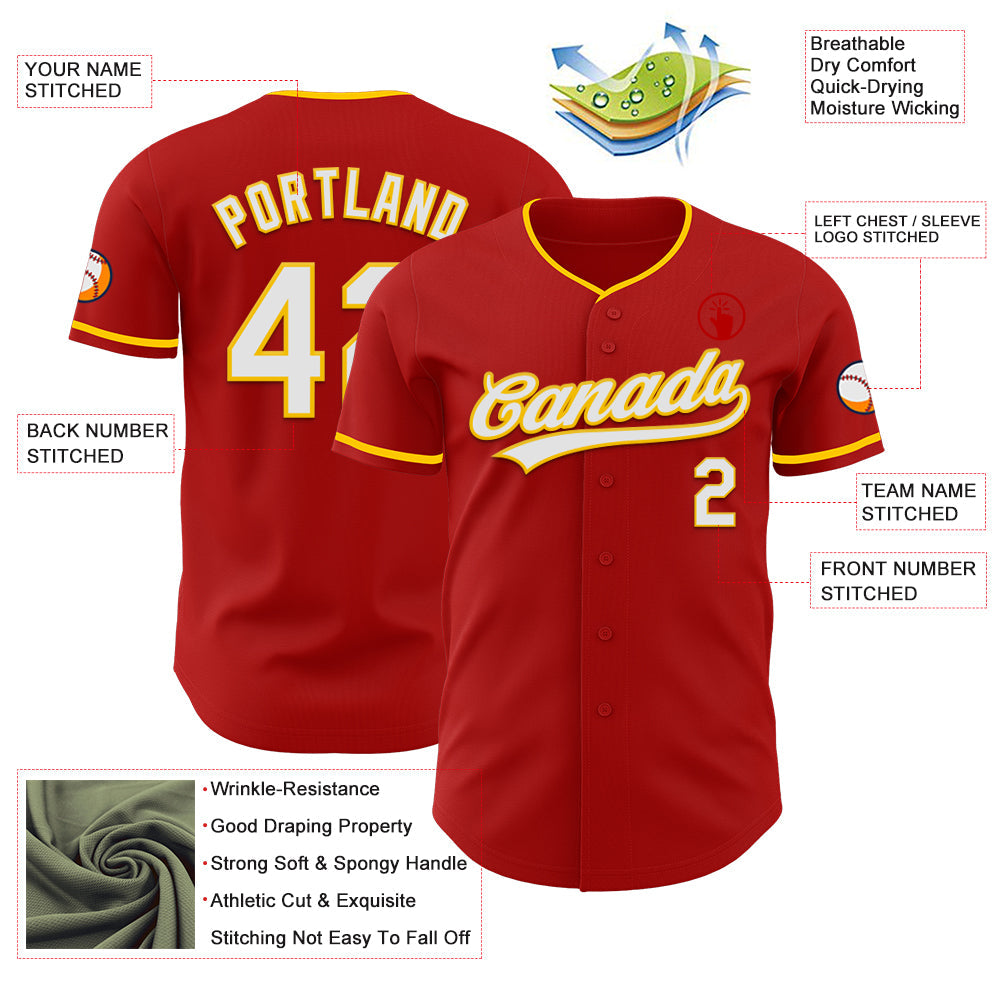 Custom Red White-Yellow Authentic Baseball Jersey