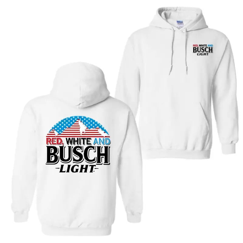 Red, White And Busch Light Hoodie Sweatshirt T-Shirt - 2 Sided Hoodie - Busch Light Shirt For Men And Women | WearSparks.com