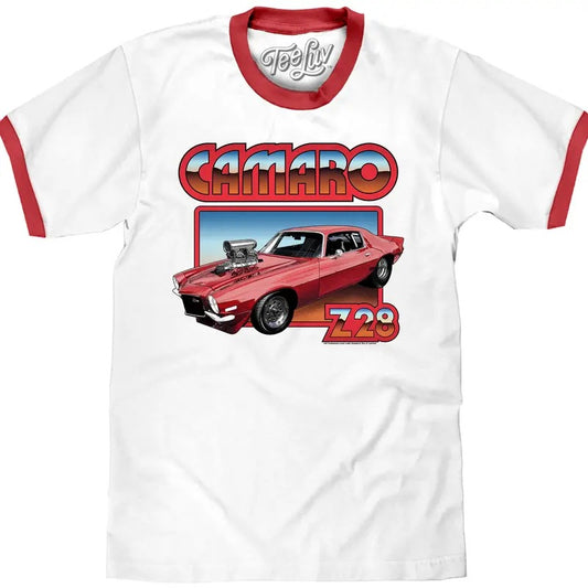 70s Chevrolet Camaro Z28 Ringer T-Shirt - White/Red Hoodie, Sweatshirt | WearSparks.com