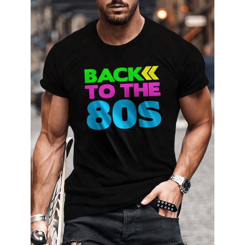 Retro '80s Inspired Men'S Casual T-Shirt - 100% Cotton Crew Neck Tee with Slight Stretch, Knit Fabric, Printed Applique...