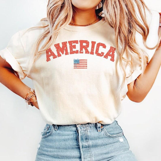 Retro America Coquette tshirt, 4th of July shirt, America Checkered tshirt, Memorial Day shirt, Girly USA tshirt,...