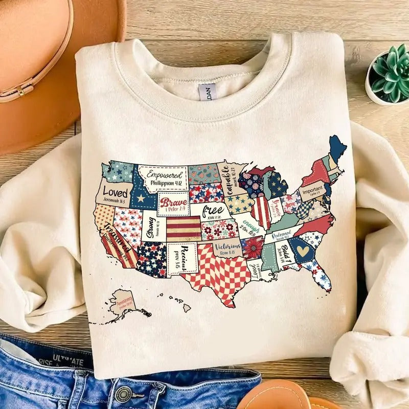Retro America USA Map Crewneck, God say you are Shirt, Bible Verse Design, 4th Of July, USA Flag, American Girl Shirt,...