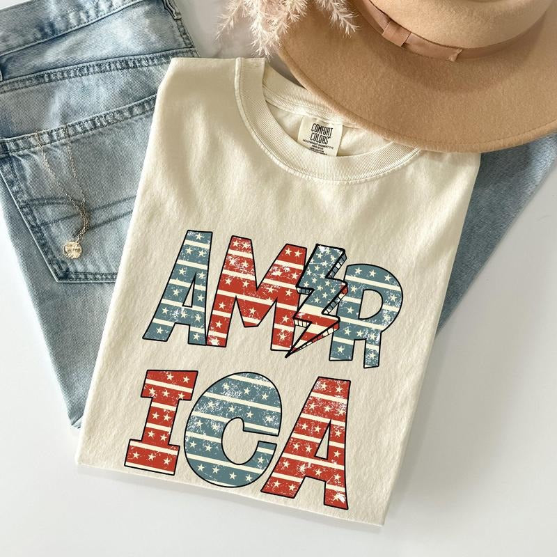 Retro America, Patriotic, 4th of July Comfort Colors Tshirt, Women's Crew Neck, Crewneck Hoodie, Sweatshirt | WearSparks.com