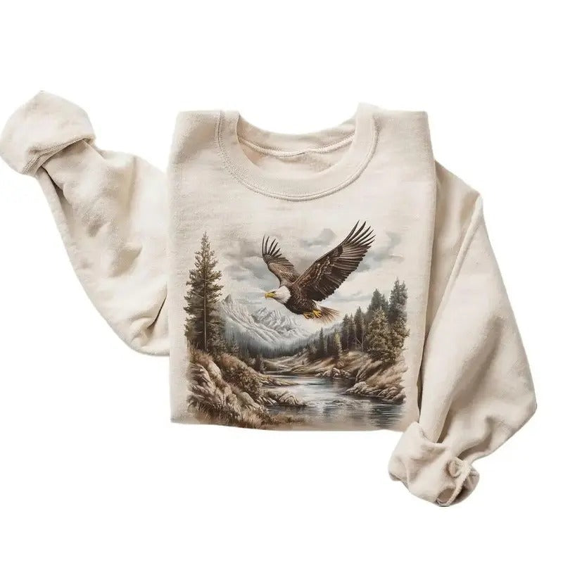 Retro Bald Eagle River Scene Sweatshirt - 90s Birds Of Prey Forest Nature - Boho Unisex Crewneck Sweatshirt Cotton...
