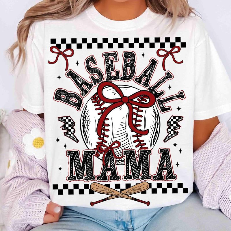 Retro Baseball Mama Shirt, Checkered Baseball Mom Tee, Baseball Coquette Bow Tshirt, Sport Mom Gift, Mothers Day Gift,...