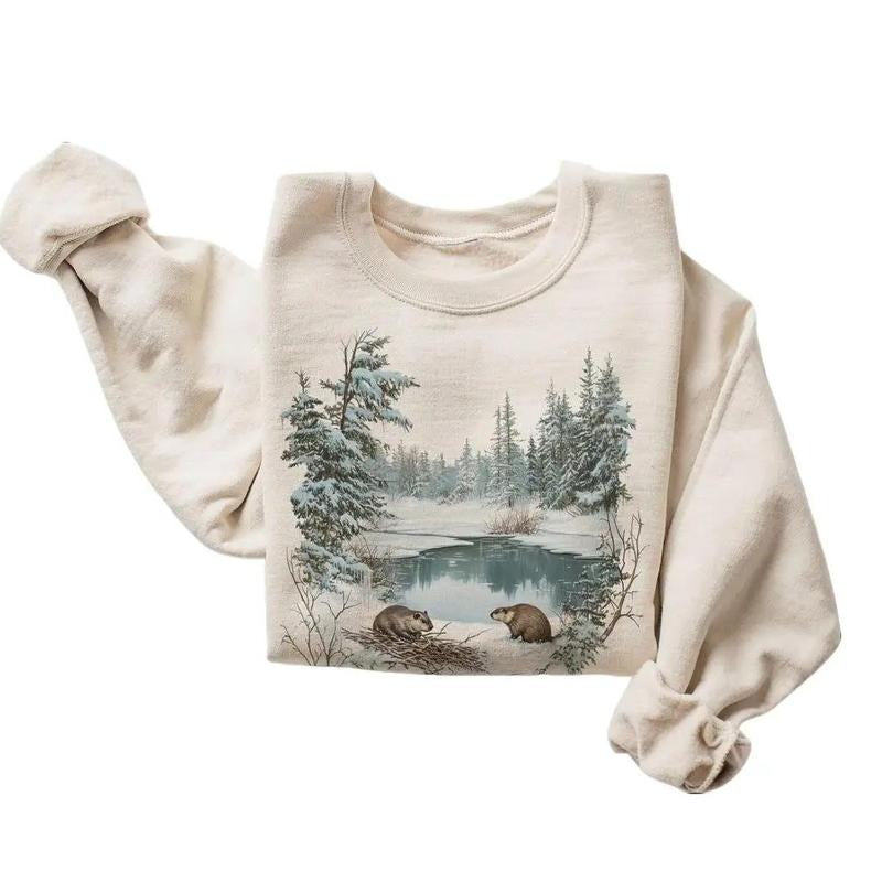 Retro Beavers Winter Pond Snowy Scene Sweatshirt - Nineties 90s Vintage Cute Woodland Creatures Cotton Pullover Menswear...