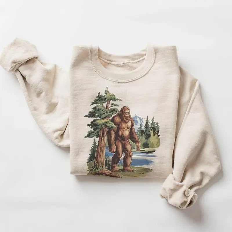 Retro Bigfoot In The Redwoods Sweatshirt - 90s Sasquatch Cryptozoology Cryptid Outfit - Boho Unisex Crewneck Sweatshirt...