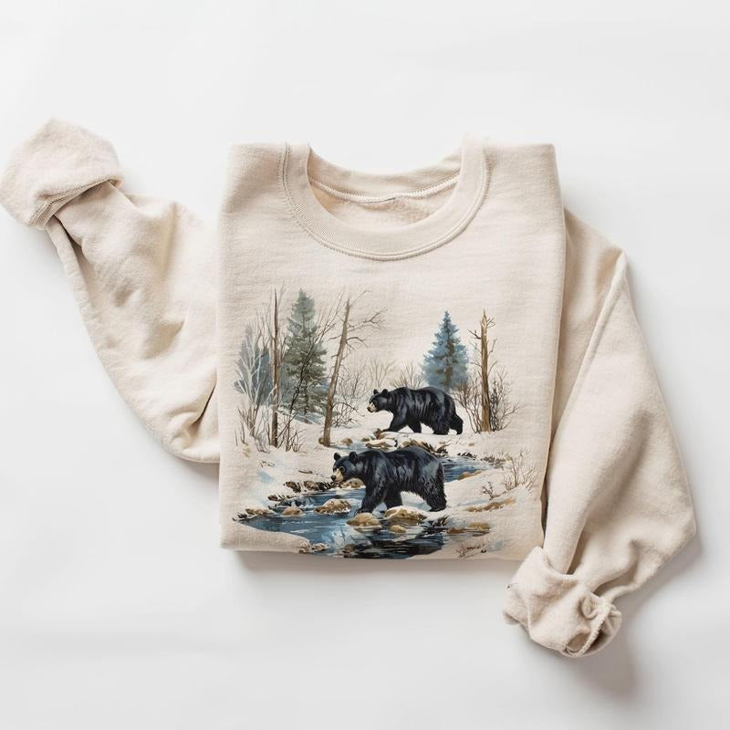 Retro Black Bears Winter Creek Scene Sweatshirt - Nineties 90s Vintage Sow & Boar Bears Camping Outfit - Boho Unisex...