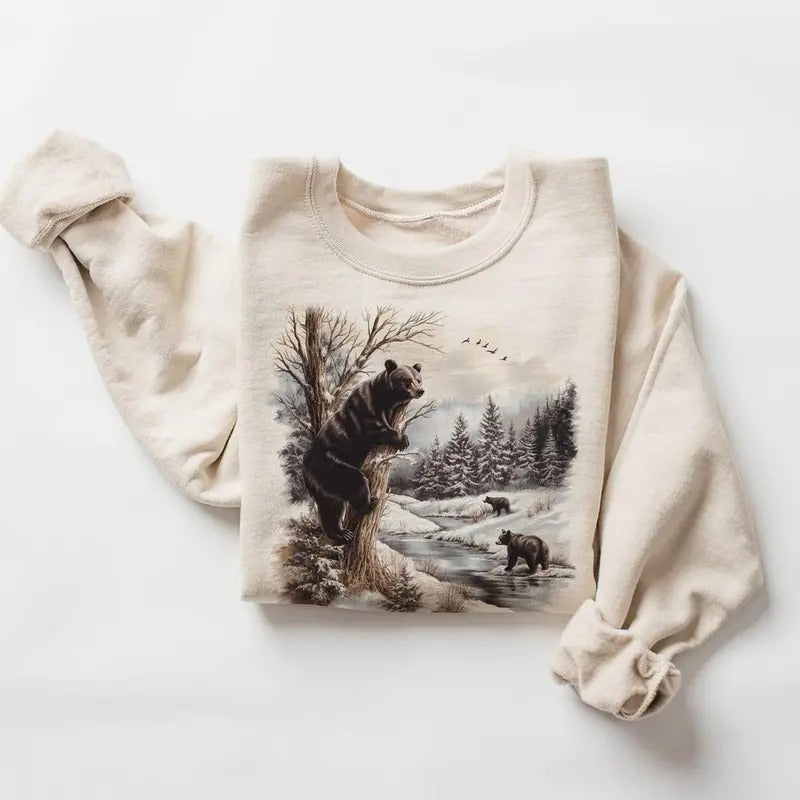 Retro Black Bears Winter River Scene Sweatshirt - Nineties 90s Vintage Bear Climbing Tree  Cotton Cotton Pullover...