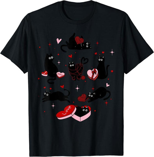 Retro Black Cat Playing Heart Valentines Day Cat Kitty Lover T-Shirt | Unisex cotton tee Gifts, Crewneck Hoodie, Sweatshirt