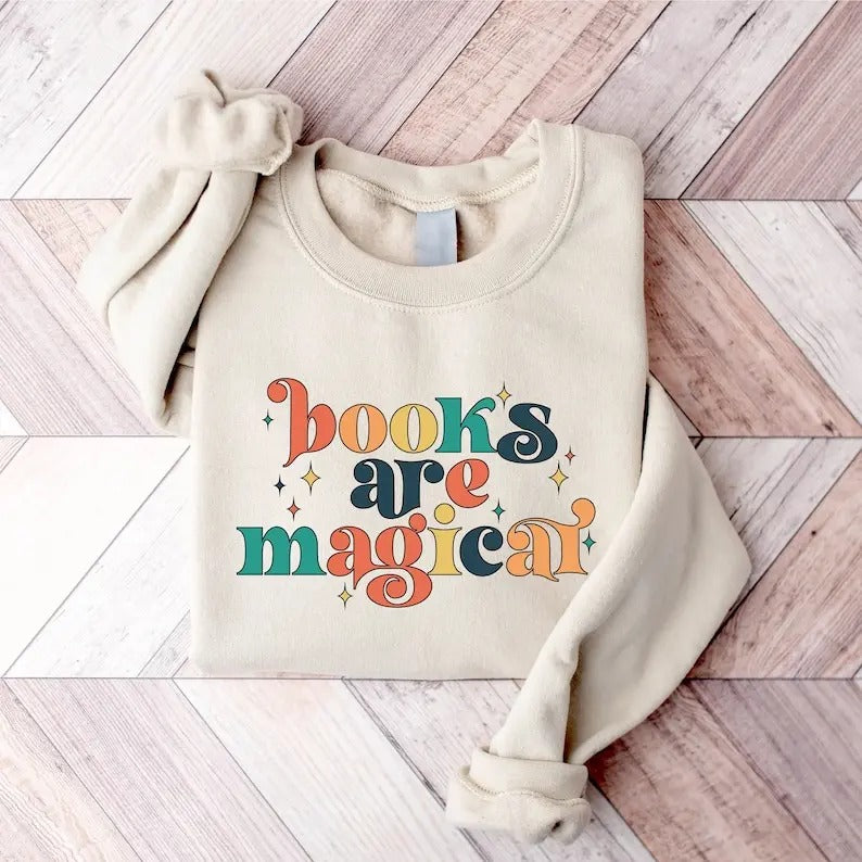 Retro Books Sweatshirt, Cute Teacher Books Lover Sweatshirt, Magical Bookish Sweatshirt, Teacher Reading Sweatshirt,...