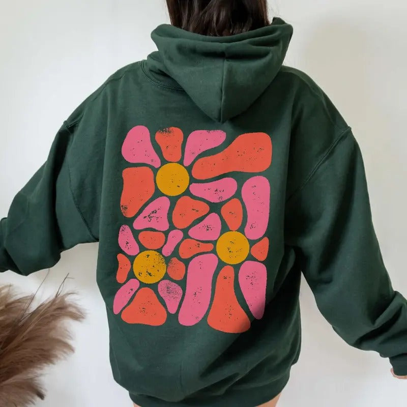 Retro Botanical Wildflower Hoodie Brown Hoodie Psychadelic Groovy Hoodie Pressed Flowers Hoodie Forest Green Hoodie Dark...