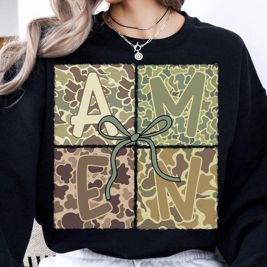 Retro Camo Amen Easter Coquette Bow Sweater, Easter Amen Christian Camo Shirt, Preppy Easter Amen Jesus Apparel,...