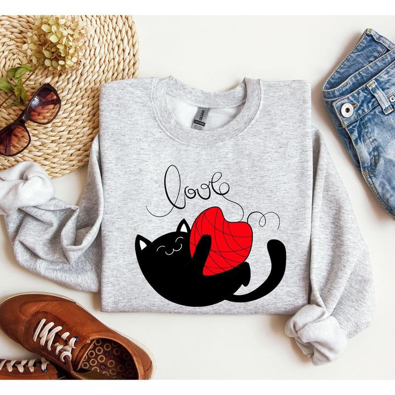 Retro Cat Love Funny Sweatshirt, Vintage Valentine's Day Sweatshirt, Crew Neck, Women's, Crewneck, Valentine's Day, Love,...