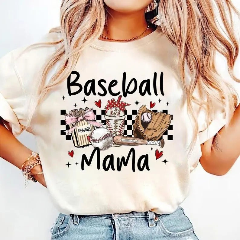 Retro Checkered Baseball Mama Tshirt-sweatshirt-hoodie, Coquette , Game Day Baseball Mom , Baseball Coquette Shirt ,...