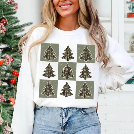 Retro Checkered Camo Christmas Tree Crewneck Sweatshirt, Hunting Christmas, Camo Xmas, Cute Checkered Camo Xmas Tree...