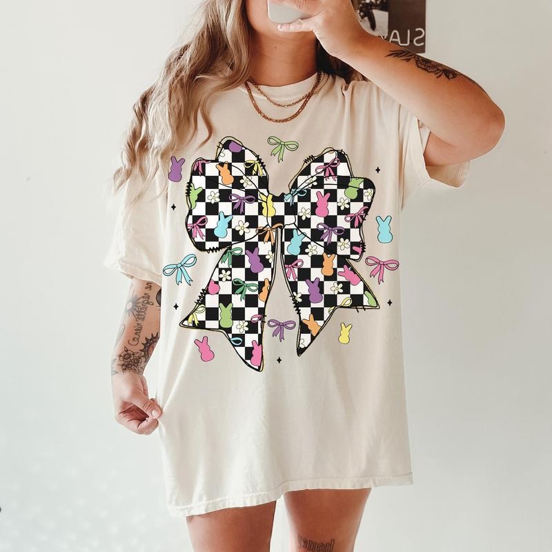 Retro Checkered Easter Coquette Bow T-Shirt, Easter T-Shirt, Easter Bow T-Shirt, Easter Bunny T-Shirt, Spring T-Shirt,...