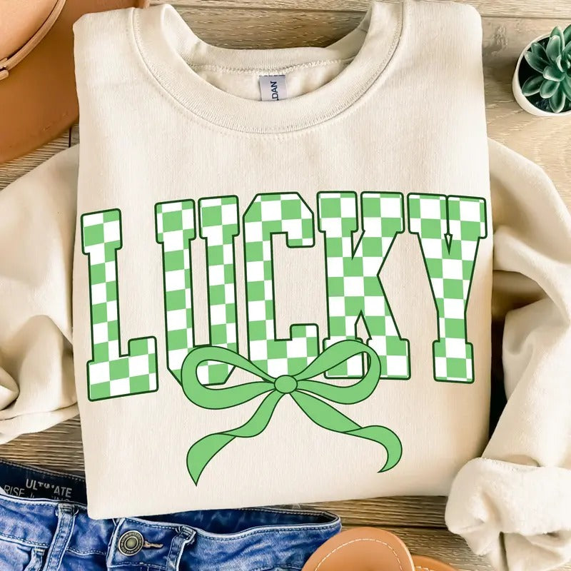 Retro Checkered Lucky St Patrick's Day Coquette Sweatshirt, St Patricks day Sweatshirt, Lucky Sweatshirt, St Patrick, St...