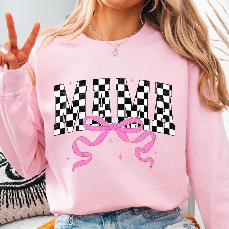 Retro Checkered Mama Coquette Sweatshirt, Mama Shirt, Mama Varsity T-Shirt, Coquette Mothers Day Sweater, Mama Bow Tee,...