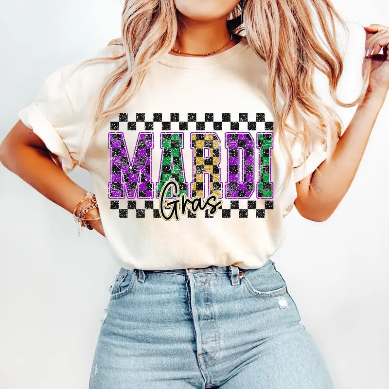 Retro Checkered Mardi Gras Shirt, Glitter Mardi Gras Varsity Sweatshirt, Fleur De Lis Shirt, Mardi Beads Louisiana...