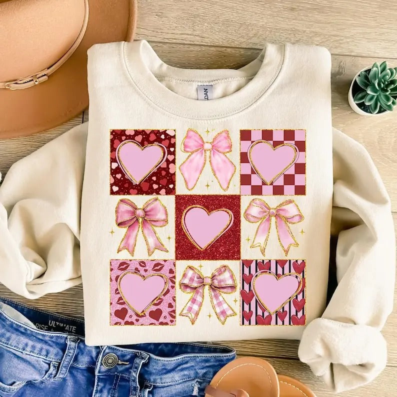 Retro Checkered Valentines Day Sweatshirt Valentine Coquette Hearts , Pink Valentine ,  Valentine , XoXo , Be Mine...
