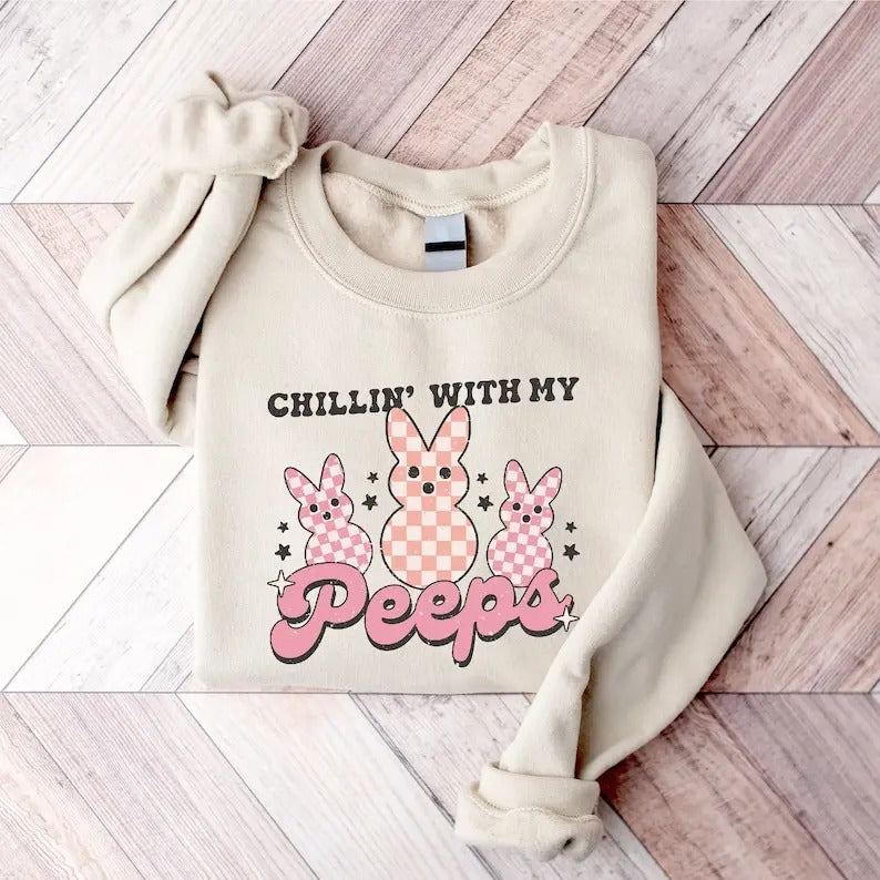 Retro Chillin With My Peeps Sweatshirt, Cute Easter Bunny Sweatshirt, Matching Family Easter Day Sweatshirt, Happy Easter...