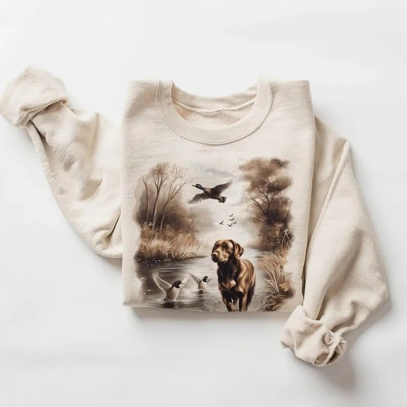 Retro Chocolate Lab Dog and Mallard Ducks Sweatshirt 90s Vintage Labrador Retriever Hunting Duck Cotton Pullover Unisex...