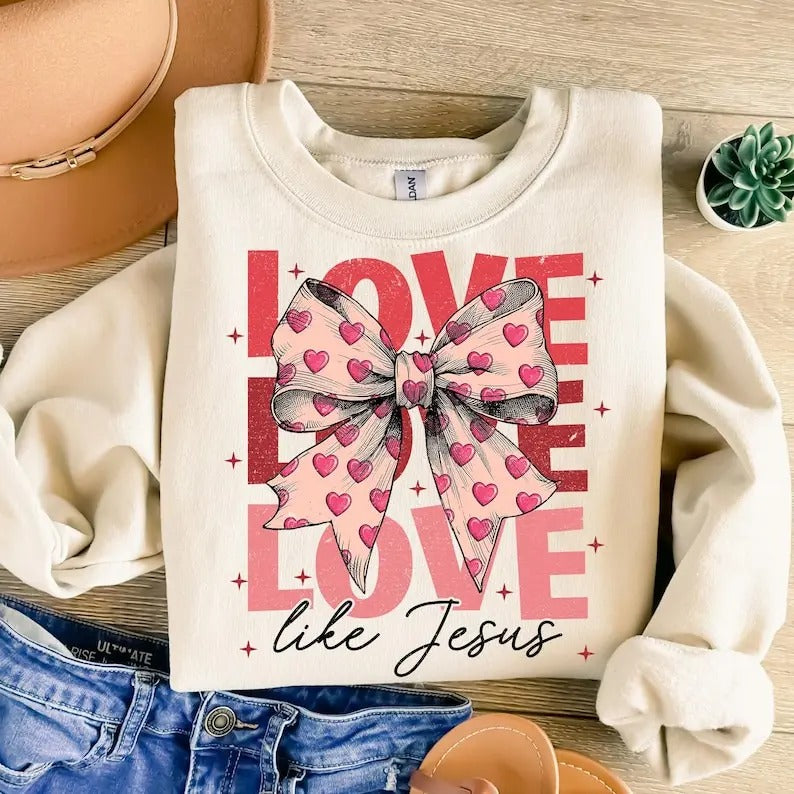 Retro Christian Valentine Sweatshirt Love Like Jesus , Coquette Heart Bow , Valentine Coquette , Jesus Valentine , You...