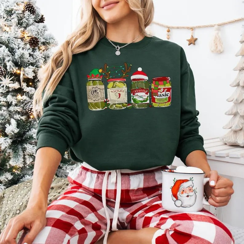 Retro Christmas Pickle Sweatshirt, Funny Pickle Christmas Sweatshirt, Canned Pickles Sweater, Pickle Lover Sweatshirt,...