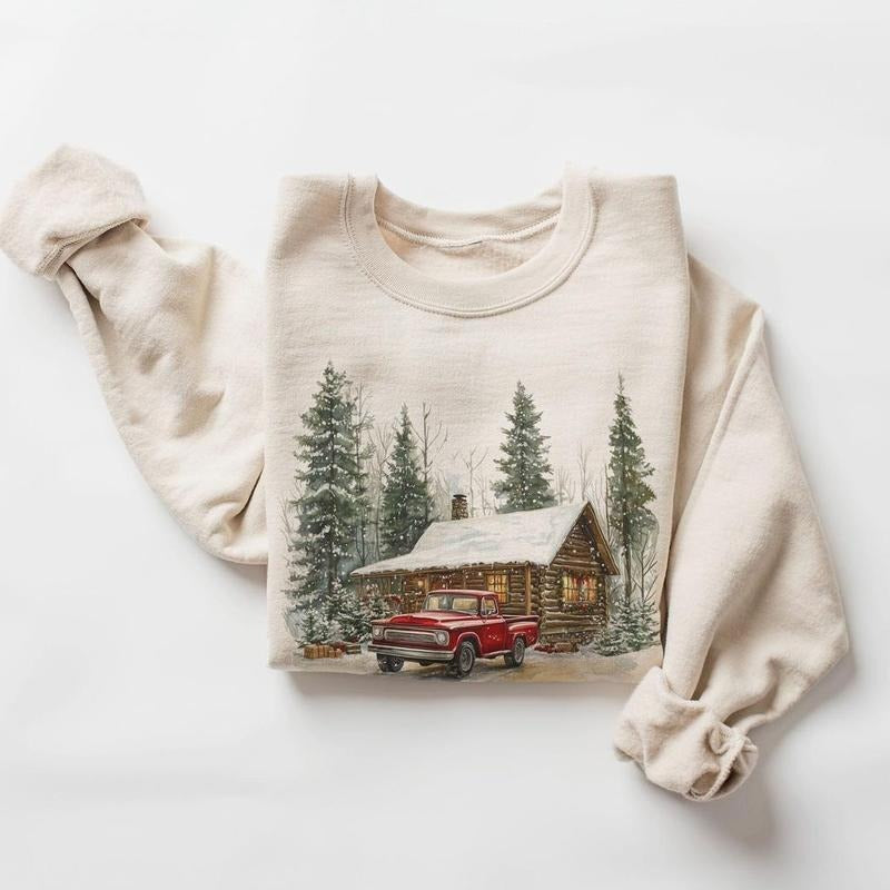 Retro Christmas Red Pickup Truck Winter Cabin Sweatshirt - 90s Mountain Pine Trees Snowy Day Cotton Pullover Menswear...
